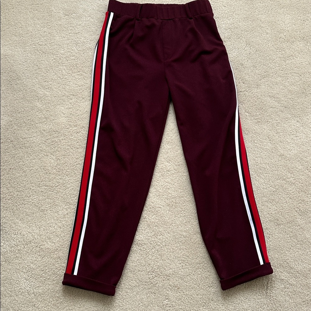 Ardene Women’s Burgundy Track Pants with Red & White Side Stripes